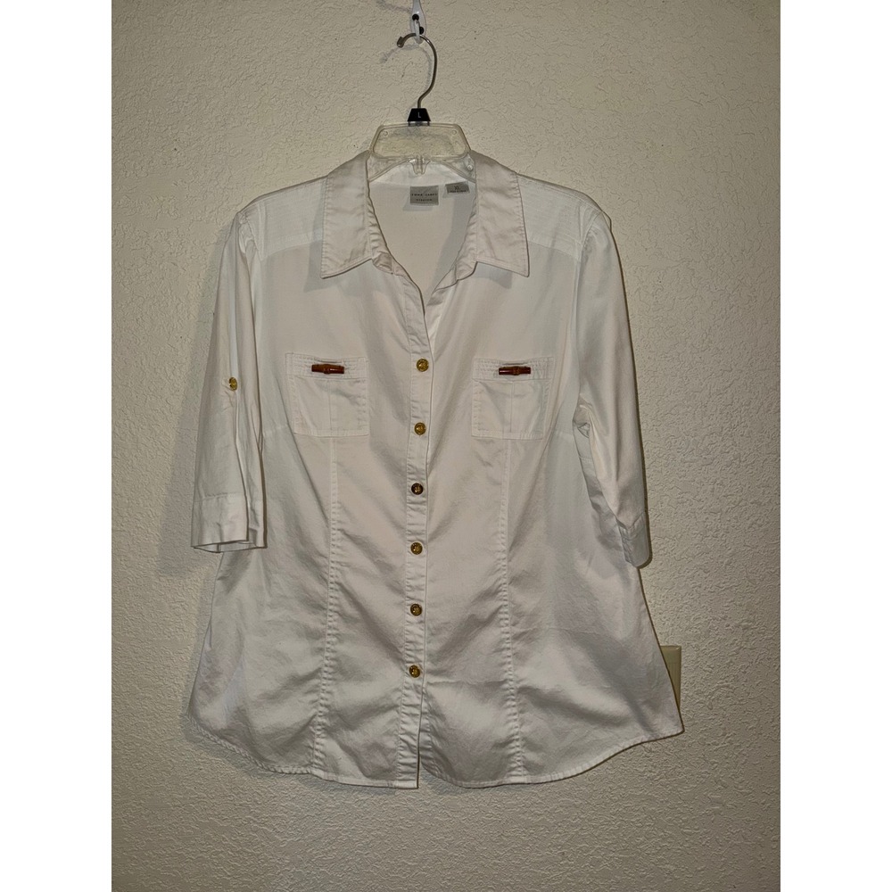 Emma James White Roll Tab Button Front Blouse Safari Style Gold Buttons XL
